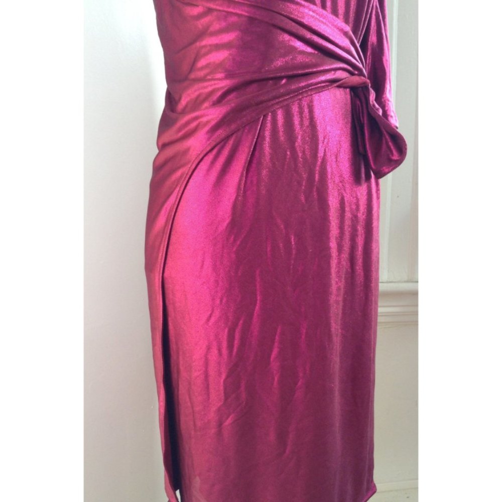 NWT $525 Halston Heritage One Shoulder Wrap Bordeaux Pink 70's Lamé Dress Sz 2 8 - Picture 8 of 14